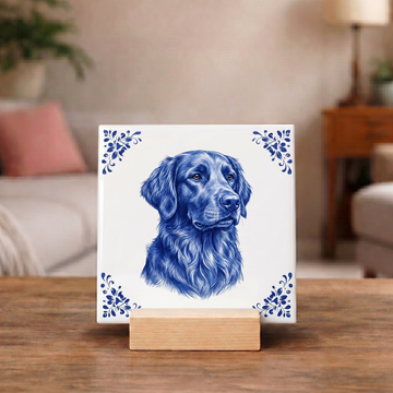 Delftsblauw Tegeltje 11x11 Flat-coated Retriever – Cadeau voor hondenliefhebber of baasje
