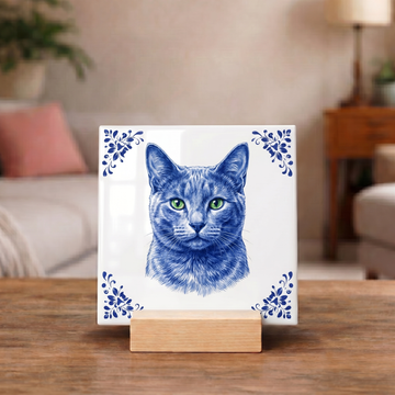 Delftsblauw Tegeltje 11x11 Russisch Blauw Kat – Cadeau voor Kattenliefhebber of Baasje