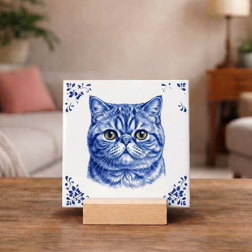 Delftsblauw Tegeltje "Exotic Shorthair Kat"