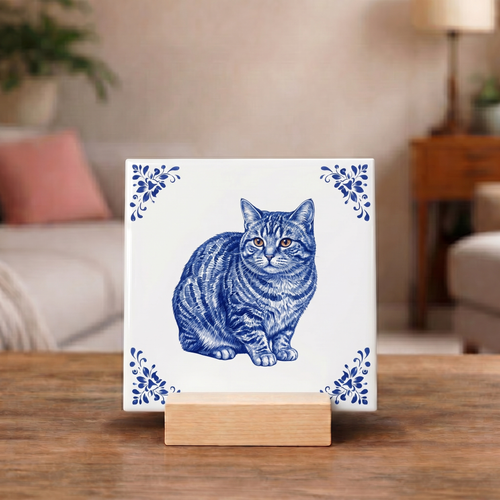 Delftsblauw Tegeltje "Europese Korthaar Kat"
