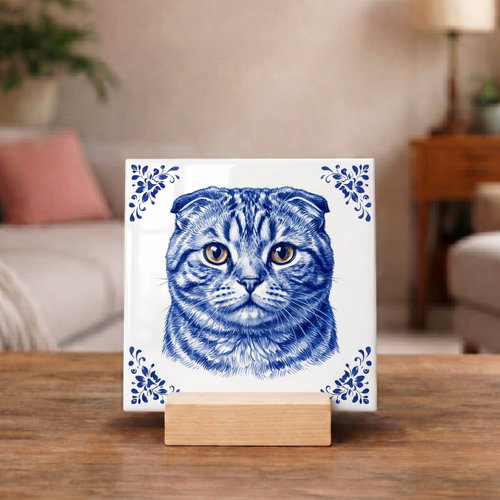 Delftsblauw Tegeltje "Scottish Fold Kat"