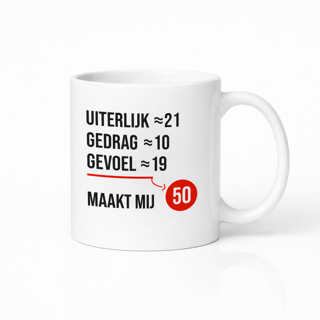 Grappige 50 Jaar Mok 330ml – “Uiterlijk 21, Gedrag 10, Gevoel 19 – Maakt mij 50”