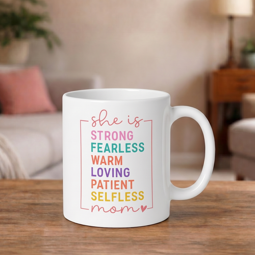 She Is Strong Fearless Warm Loving Mom Koffiemok - Inspirerend Moederdag Cadeau - 330 ml