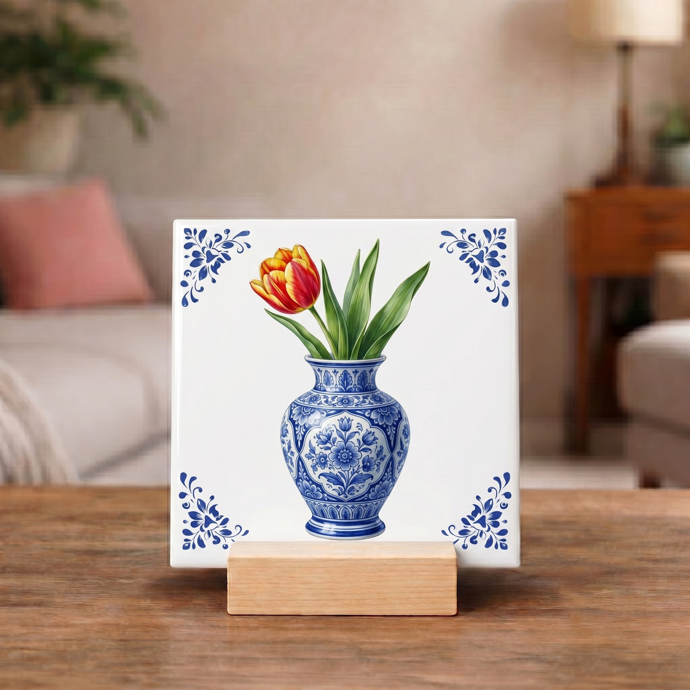 Delfts Blauw Tegeltje - Vaas met Tulp