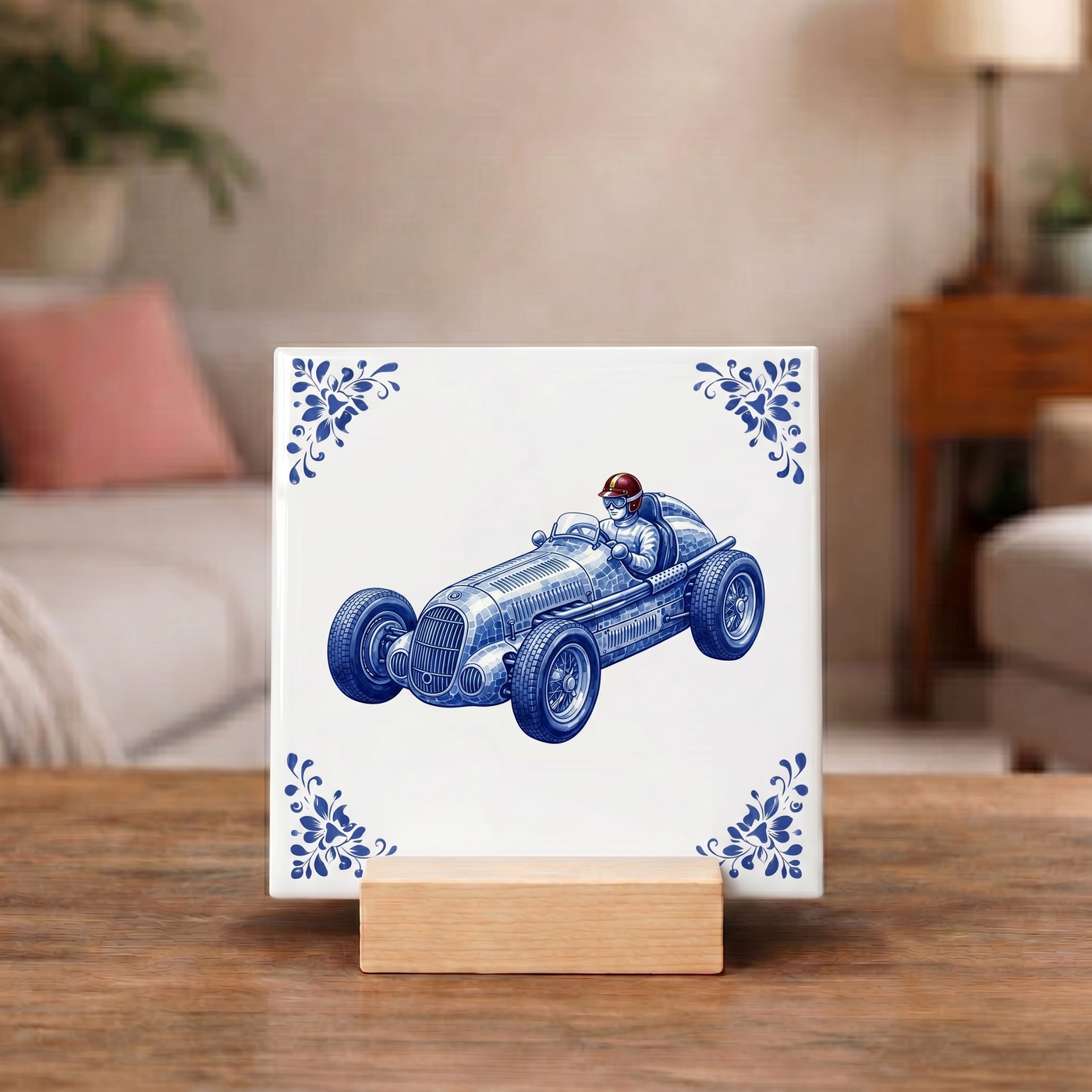 Delfts Blauw Tegeltje - Authentieke Raceauto