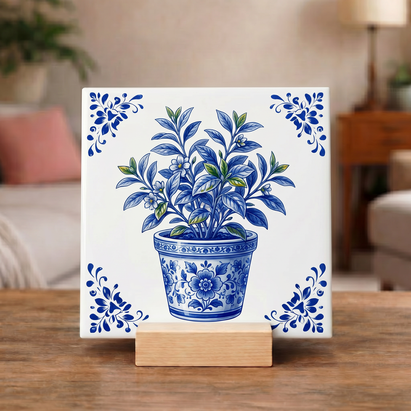 Delfts Blauw Tegeltje - Potje met Plant
