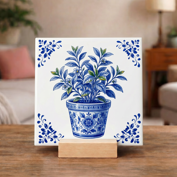 Delfts Blauw Tegeltje - Potje met Plant