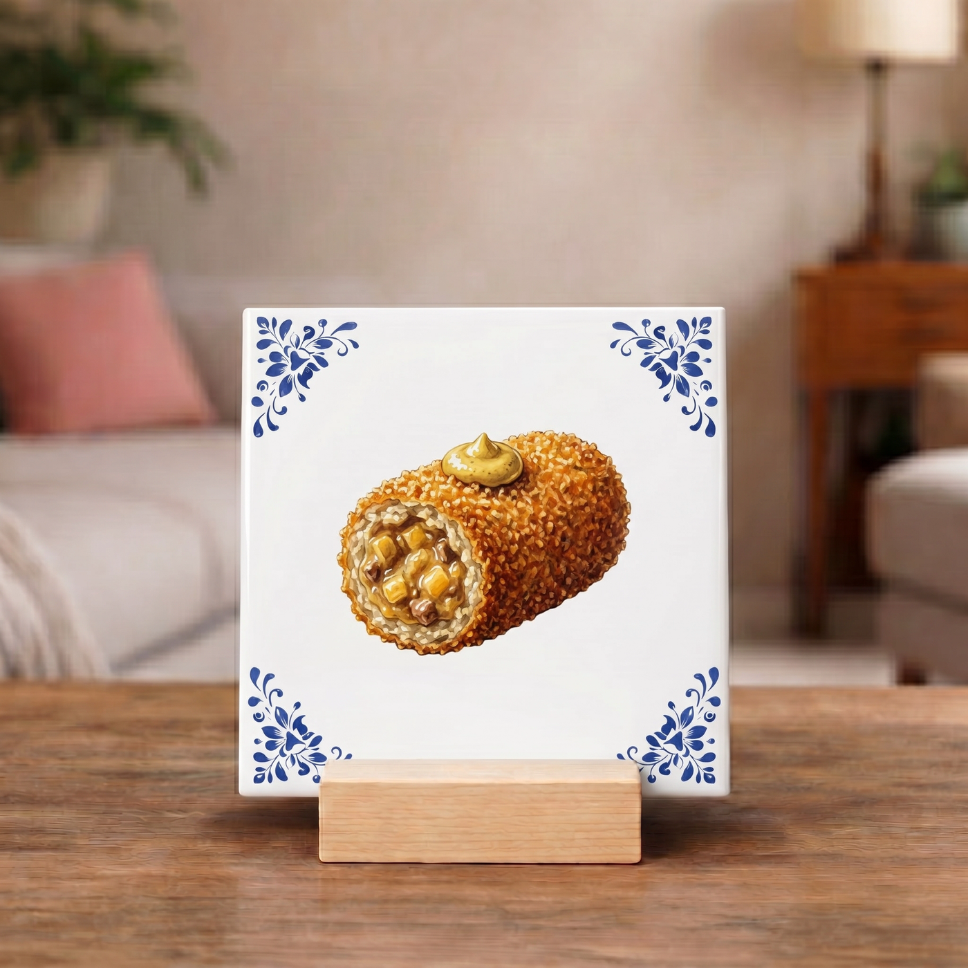 Delfts Blauw Tegeltje - Hollandse Kroket met Mosterd