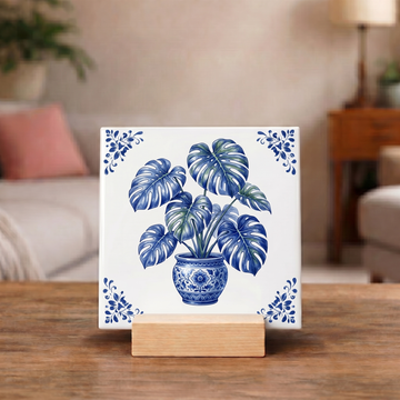 Delfts Blauw Tegeltje - Monstera Plant
