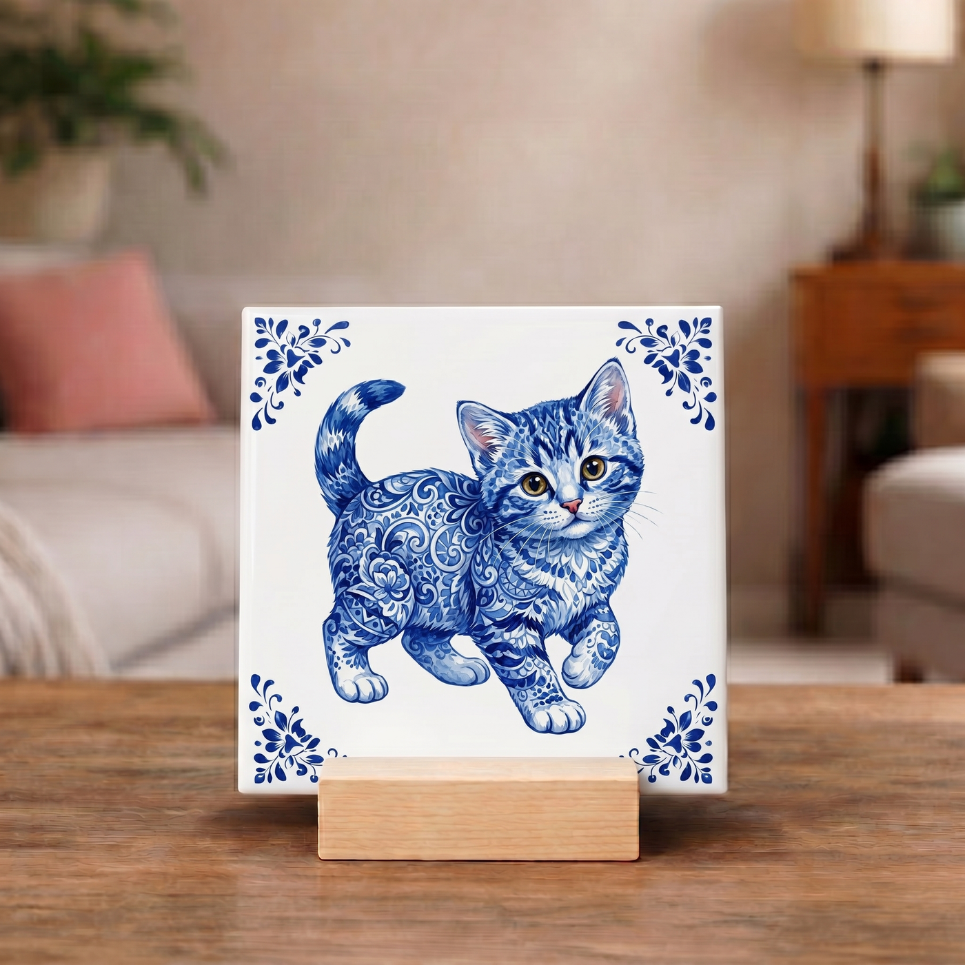Delfts Blauw Tegeltje - Kitten
