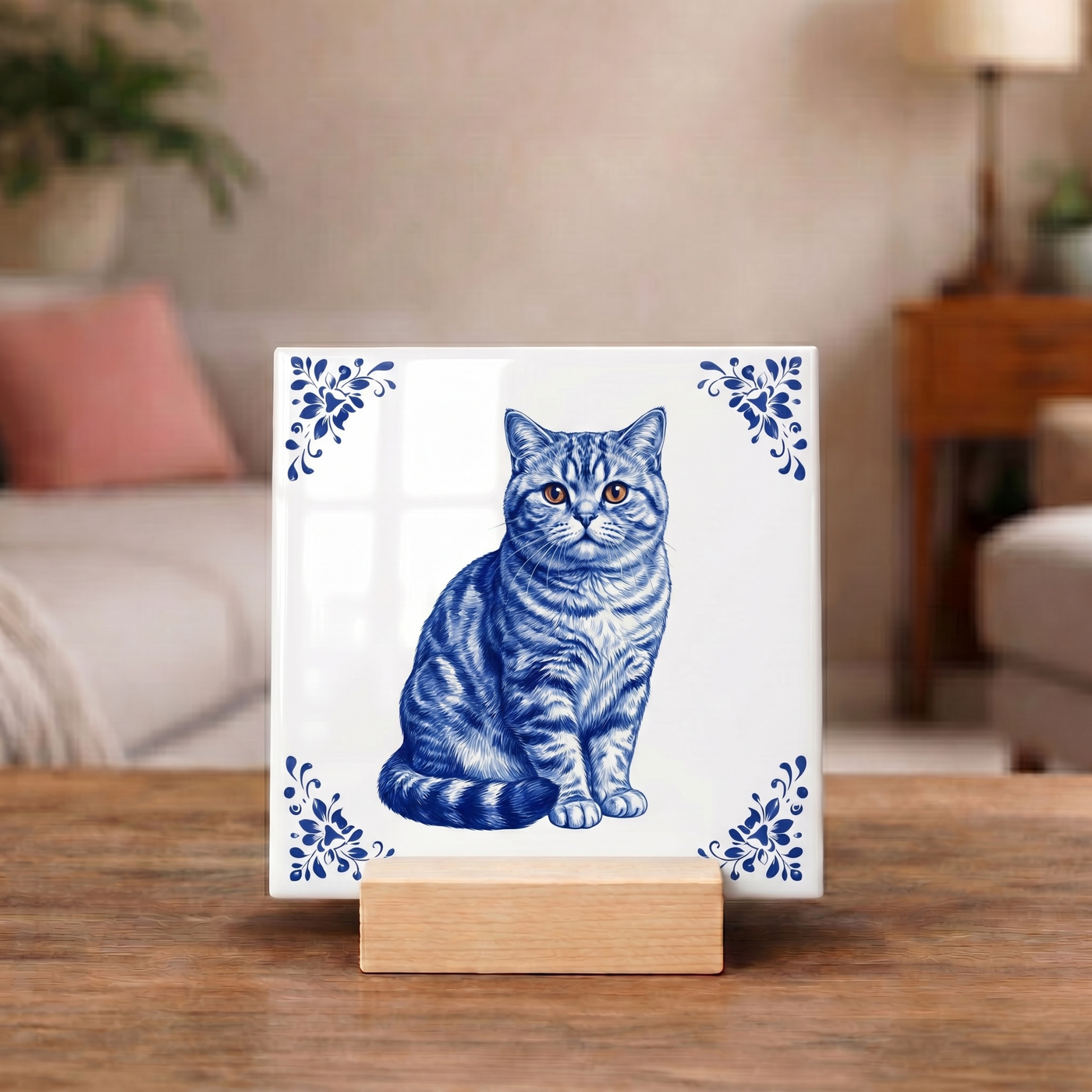 Delftsblauw Tegeltje 11x11 Britse Korthaar – Cadeau voor kattenliefhebber of baasje