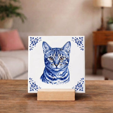 Delftsblauw Tegeltje 11x11 Bengaal Kat – Cadeau voor Kattenliefhebber of Baasje