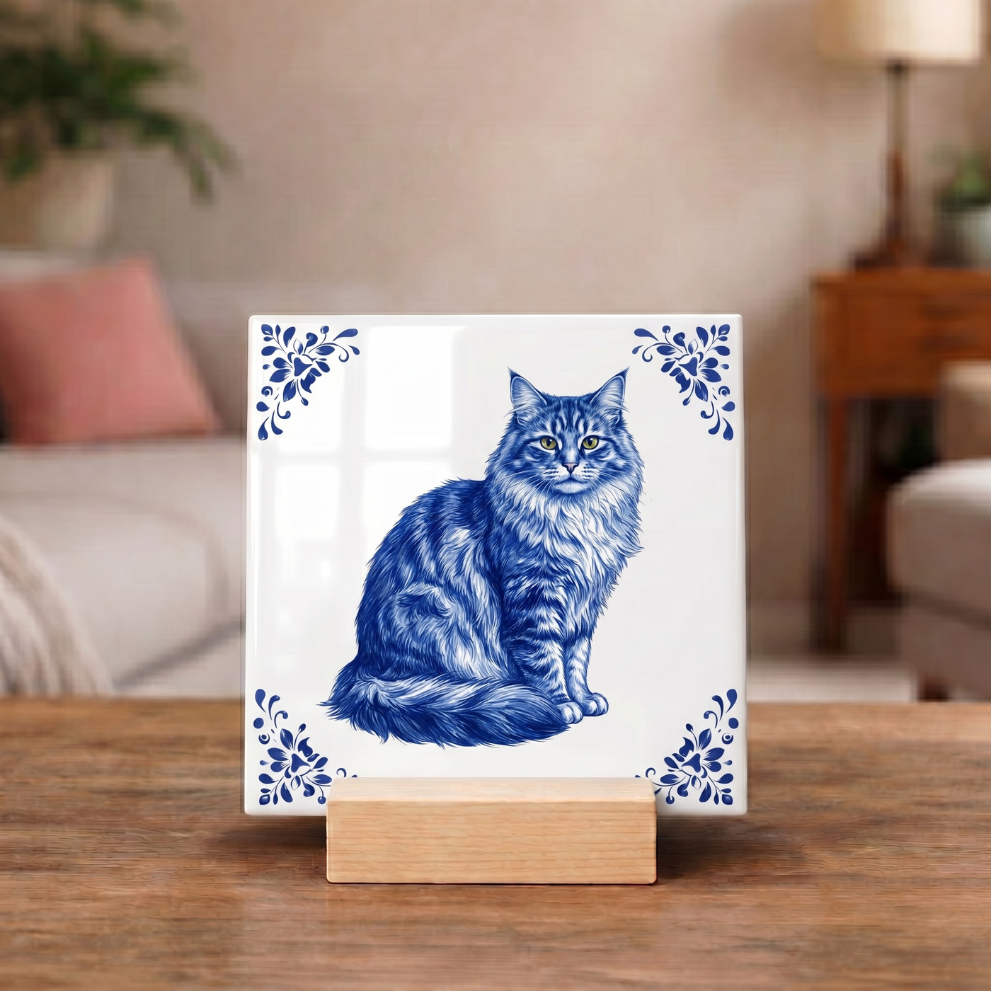 Delftsblauw Tegeltje 11x11 Maine Coon Kat – Cadeau voor Kattenliefhebber of Baasje