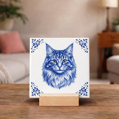 Delftsblauw Tegeltje "Maine Coon Kat"