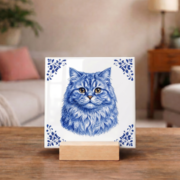 Delftsblauw Tegeltje 11x11 Perzische Kat – Cadeau voor Kattenliefhebber of Baasje