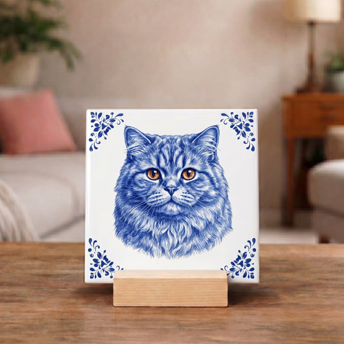 Delftsblauw Tegeltje "Perzische Kat"