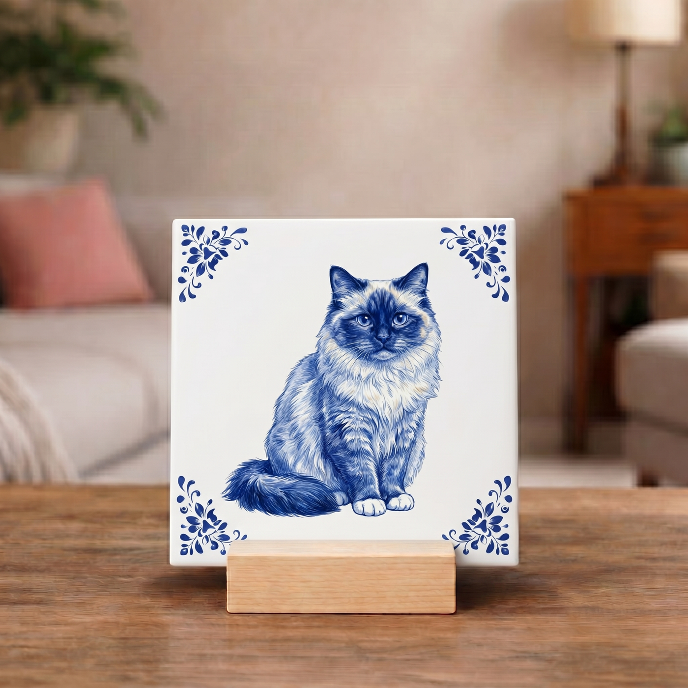 Delftsblauw Tegeltje 11x11 Ragdoll Kat – Cadeau voor Kattenliefhebber of Baasje