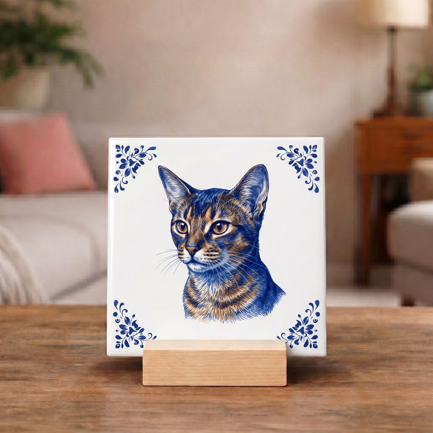 Delftsblauw Tegeltje 11x11 Abessijn Kat – Cadeau voor Kattenliefhebber of Baasje