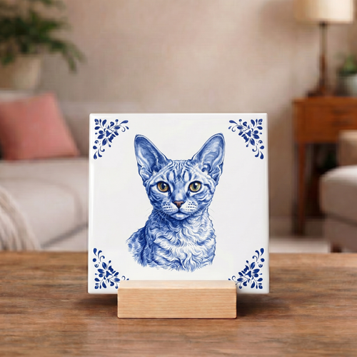 Delftsblauw Tegeltje "Devon Rex Kat"