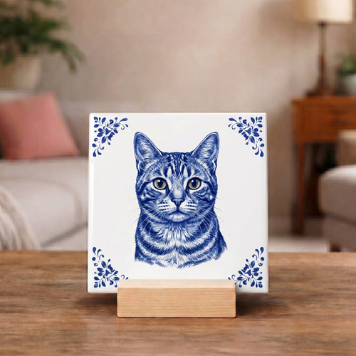 Delftsblauw Tegeltje "Europese Korthaar Kat"