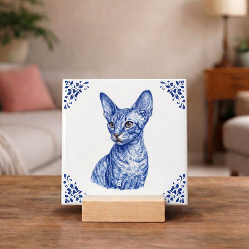 Delftsblauw Tegeltje "Devon Rex Kat"