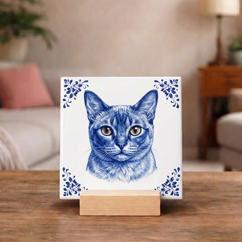 Delftsblauw Tegeltje "Brits Korthaar Kat"