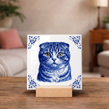 Delftsblauw Tegeltje 11x11 Scottish Fold Kat – Cadeau voor Kattenliefhebber of Baasje