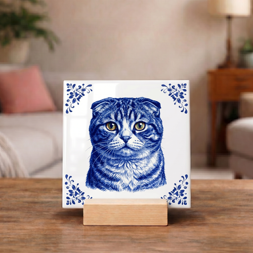 Delftsblauw Tegeltje "Scottish Fold Kat"