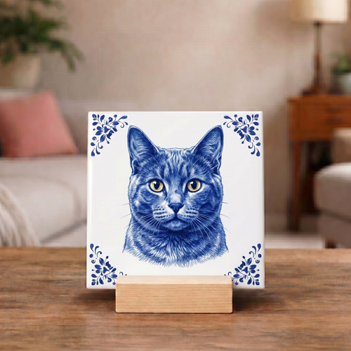 Delftsblauw Tegeltje "Russisch Blauw Kat"